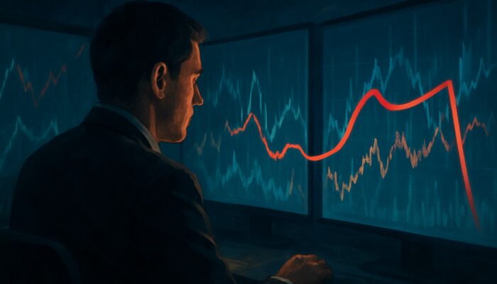 Focused trader analysing stock charts in a dimly lit environment with a protective trailing red line.