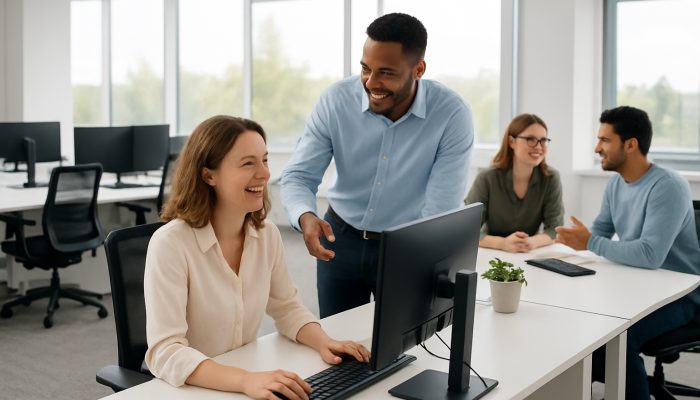 A modern Ilchester office showcasing pristine desks, ergonomic workstations, and content employees collaborating.