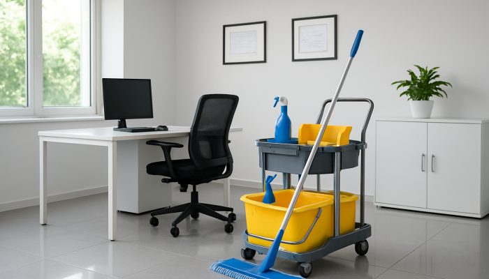 A spotless Ilchester office featuring gleaming surfaces and framed certifications from the British Institute of Cleaning Science.