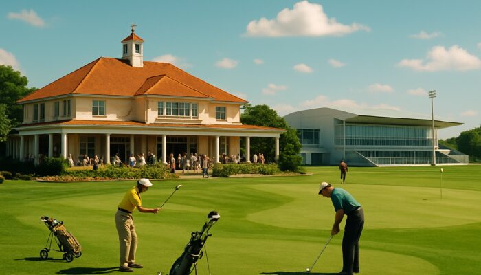 1960s Margate Country Club: golfers teeing off on lush greens, socialising at a stately clubhouse, evolving to modern sports under a sunny sky.