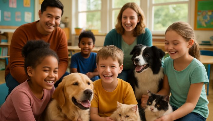 Children and teachers interacting with therapy dogs and cats in a joyful classroom for emotional support.