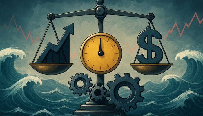 A financial scale balancing the Calmar Ratio against stock market fluctuations and mechanisms adjusting for risk and volatility.