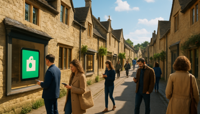 Bustling Painswick street with quaint stone cottages showcasing Shopify and Etsy screens, locals shopping online under sunny skies.