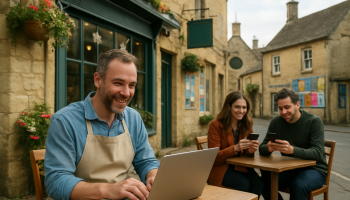 Cheerful café owner in Painswick typing emails on laptop, customers smiling at smartphones amid colourful shop signs.