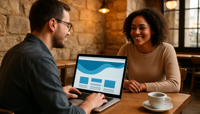 Web developer presenting custom website on laptop to small business owner in Trowbridge cafe