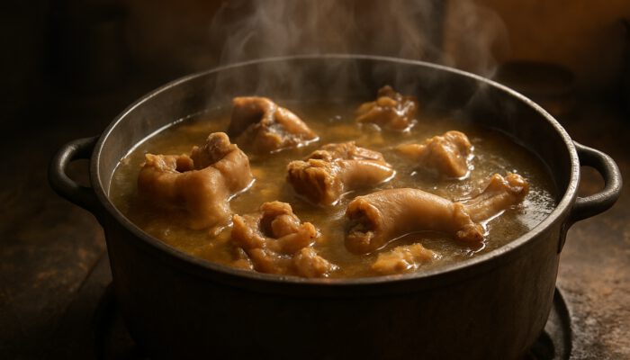 Rustic Australian kitchen pot simmering with knuckles, feet and neck bones for collagen-rich golden stock