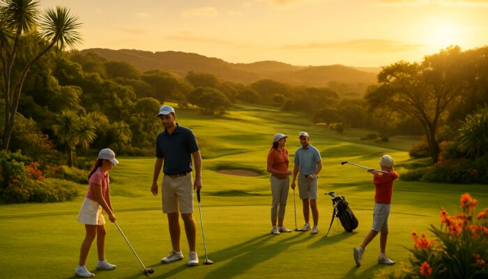 Families golfing and socializing at Umhlali Country Club amid lush hills and golden sunset in South Africa