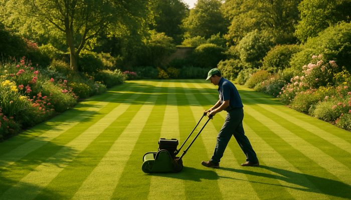 Gardener carefully mowing a perfectly striped lush lawn in a tranquil Yeovil garden adorned with blooming flowers.