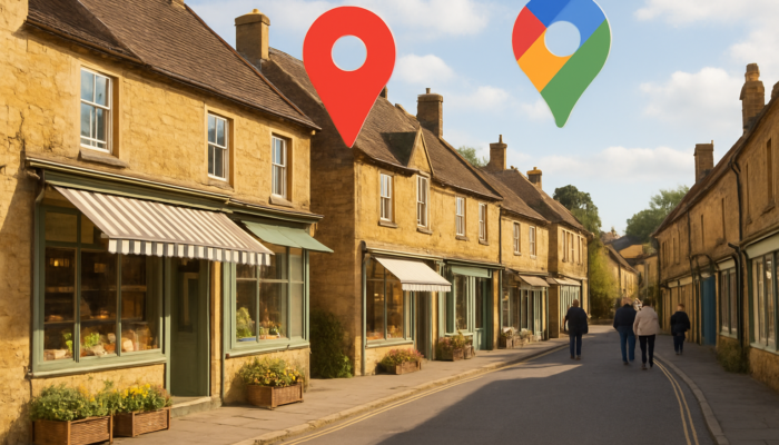 Charming shops in South Petherton illuminated by floating Google search icons and map pins on a sunny street