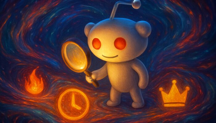 Reddit Snoo mascot searching through colourful posts with a glowing magnifying glass, sorted by hot, new, and top icons.