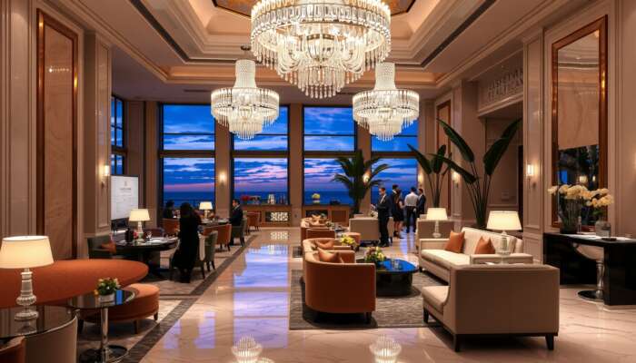 Luxurious hotel lobby at dusk adorned with crystal chandeliers, plush velvet seating, marble floors, staff serving champagne, and elegantly dressed guests.
