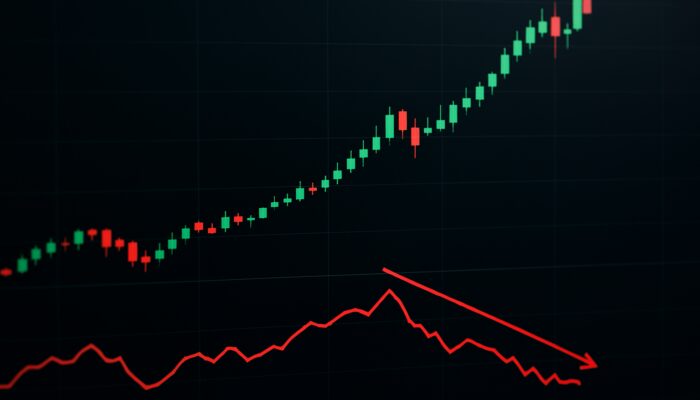 Trading chart with surging candlesticks at new highs, diverging downward Chaikin Money Flow, and red trendlines signaling reversal.