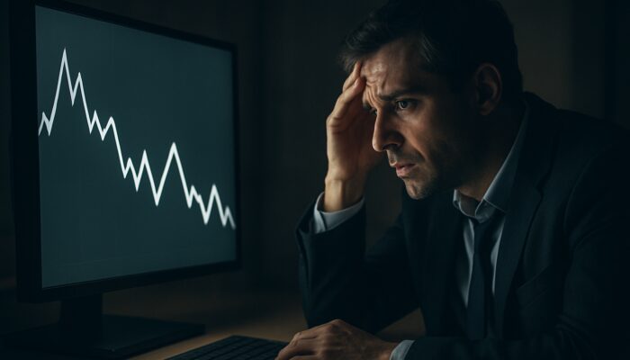 An anxious trader viewing a zigzagging chart with false breakouts and whipsaws in dim lighting