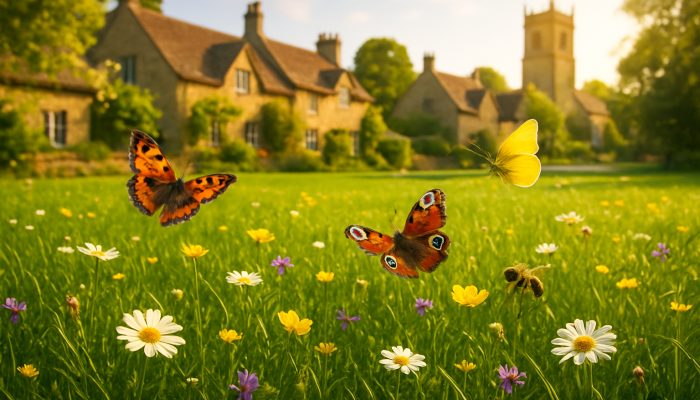 Freshly mowed Haselbury Plucknett lawn with wildflowers, butterflies, and bees basking in golden sunlight.