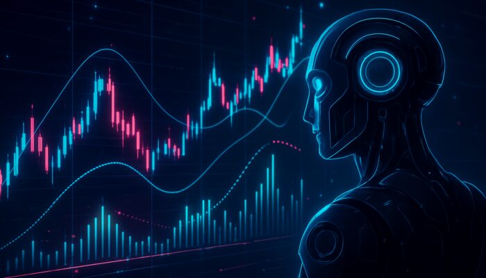 Futuristic cyberpunk AI trading bot analysing vibrant mean reversion stock charts