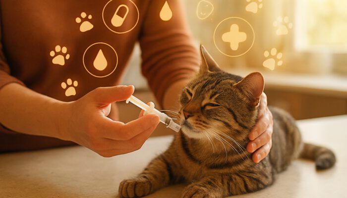 Owner syringe-feeding medicine to a relaxed tabby cat, with floating paw print icons
