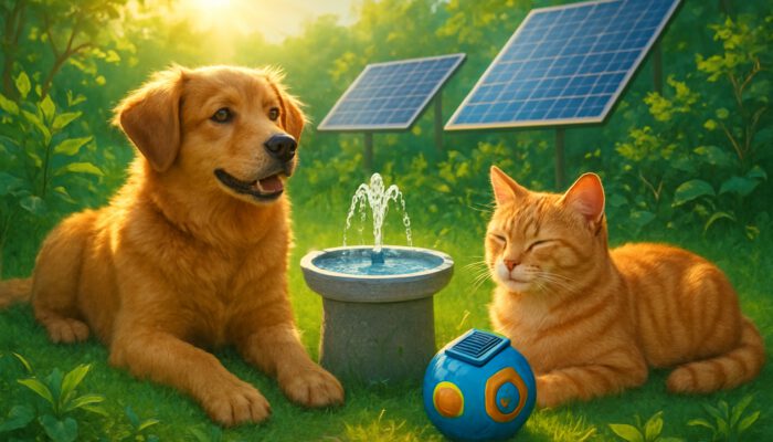Dog and cat relaxing with solar-powered pet gadgets in a sunny eco-garden alongside solar panels.
