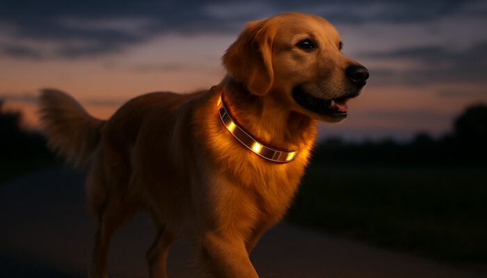 Golden retriever at dusk wearing a glowing solar-powered LED collar featuring solar panels for increased visibility.