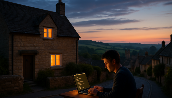 Small business owner coding website on laptop in South Petherton stone cottage at dusk with hills view