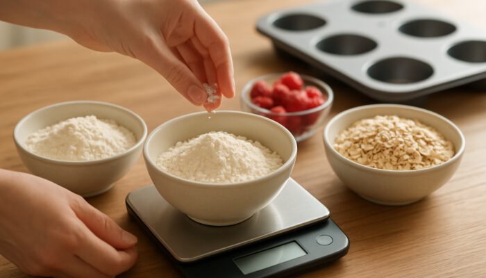 Hands using digital kitchen scale to weigh flour and oats for healthy muffins on wooden counter