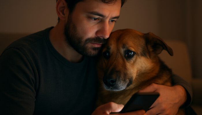 Pet owner comforting distressed dog while searching for 24/7 veterinary clinics on smartphone for emergency care