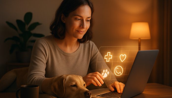 Pet owner structuring a glowing vet contact database on a laptop with a relaxed dog nearby
