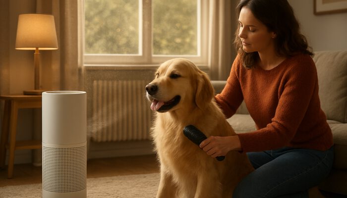 Owner grooming golden retriever next to air purifier in a cozy living room with spring pollen visible outside.