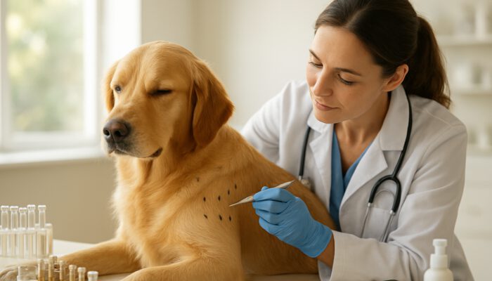 Veterinarian conducting a skin allergy test on a calm golden retriever in a bright clinic.
