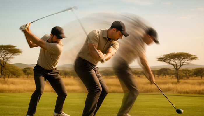 Concentrated golfer executing powerful swings with motion blur on sunlit South African savanna grass.