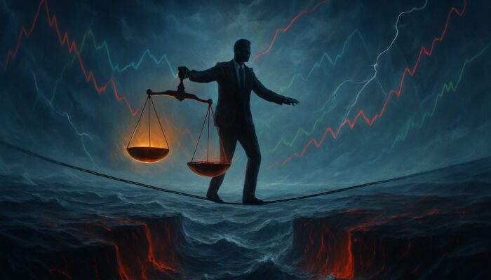 Trader balancing glowing profit scales against crimson drawdown chasms amidst a stormy market sea
