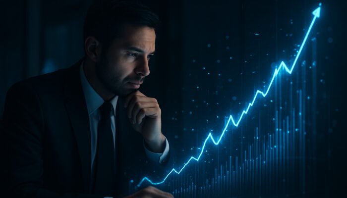 Trader analysing glowing holographic charts showcasing profit-to-drawdown ratio in a dim office