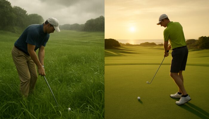 South African golfers navigating Kikuyu inland fairways after rain compared to sunny Bermuda coastal lies.