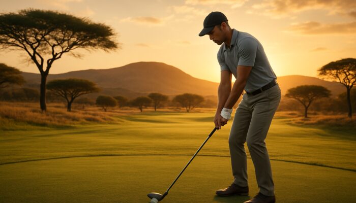 Focused golfer in balanced stance with secure grip on scenic South African fairway at sunset