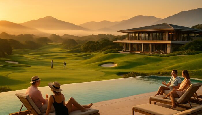 Mount Edgecombe Country Club at golden hour showcasing emerald golf fairways, modern clubhouse, and poolside guests.