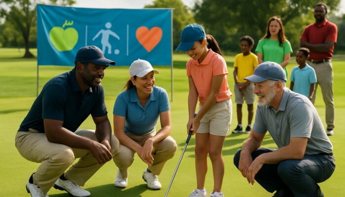 Diverse golfers mentoring youth at a sunny charity golf clinic with school banners and volunteers