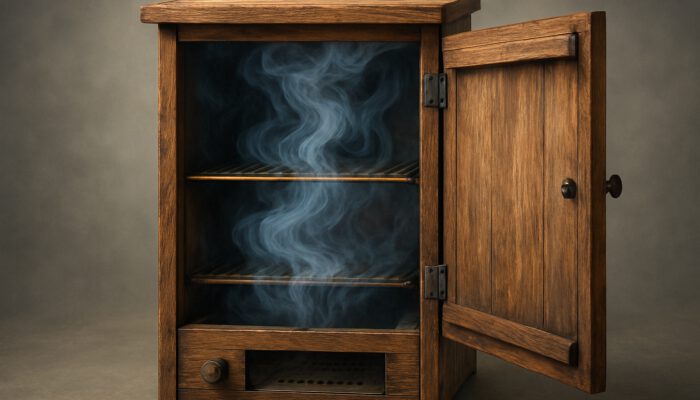 Cross-section of rustic wooden cold smoker with even smoke flow through adjustable intake and exhaust vents
