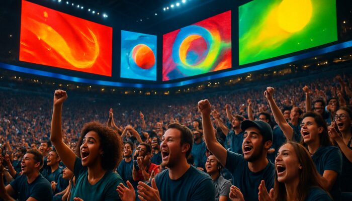Enthusiastic crowd watching live sports with real-time targeted ads on vibrant arena screens