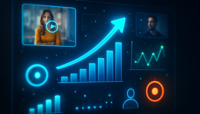 Neon digital dashboard pulsating with live video ads and real-time global engagement metrics.