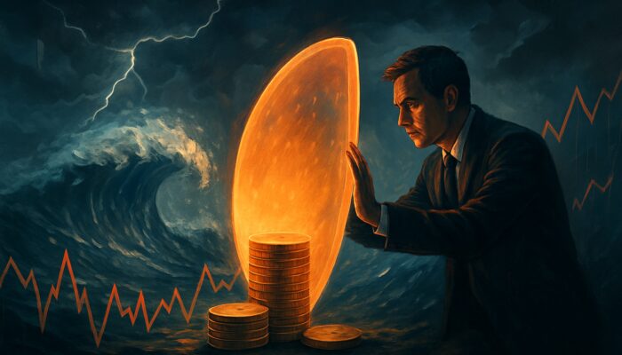 Trader protecting gold coins from market fluctuations with a glowing risk per trade shield amidst volatile charts