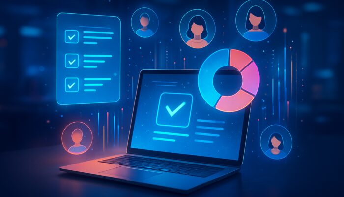 Futuristic workspace with holographic surveys, polls, pie charts, and audience insights on laptop.