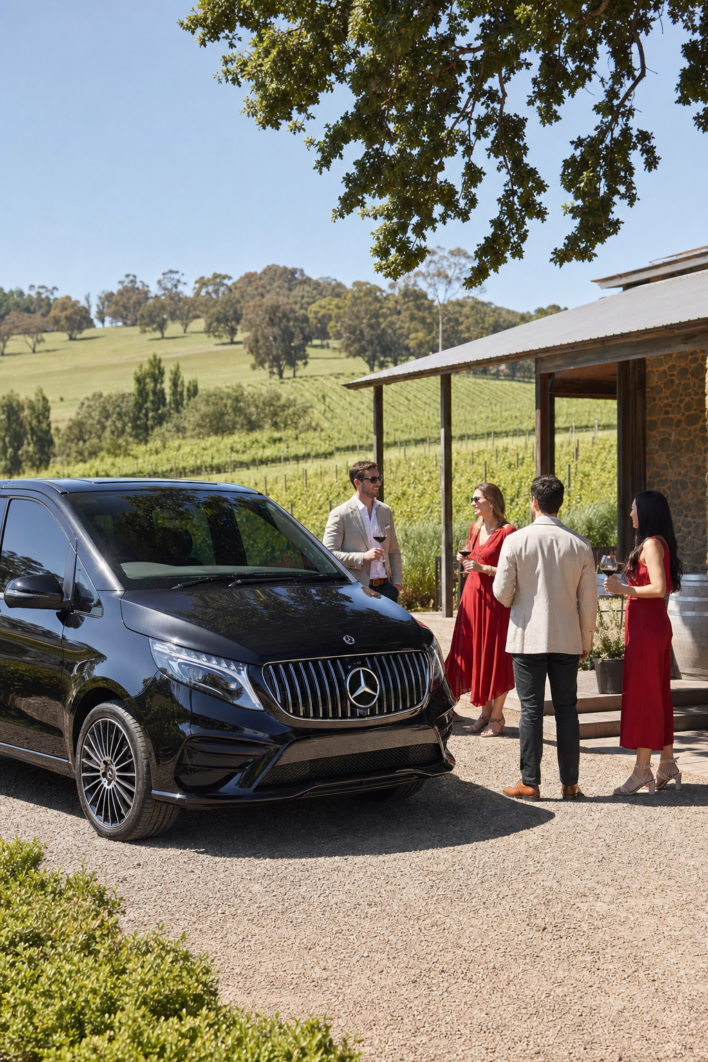 Private luxury wine tour Yarra Valley with Red Carpet Wine Tours Mercedes van at vineyard.