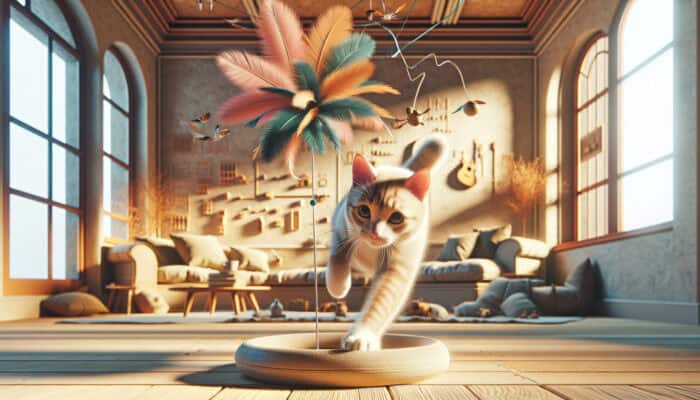 A feather teaser toy in a sunlit room, activating a cat's hunting instincts and promoting health.