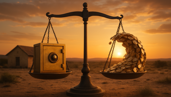 Scenic Beaufort West home: fixed rates visualised alongside a wave of coins for variable rates, under a balancing scale at sunset.