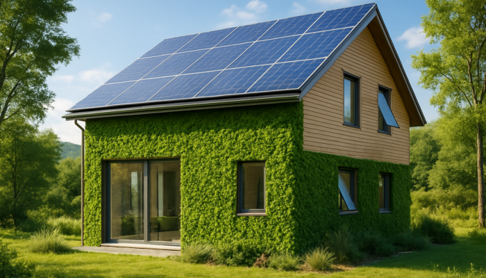 Contemporary eco-friendly home featuring solar panels, green walls, and smart technology in a tranquil setting.