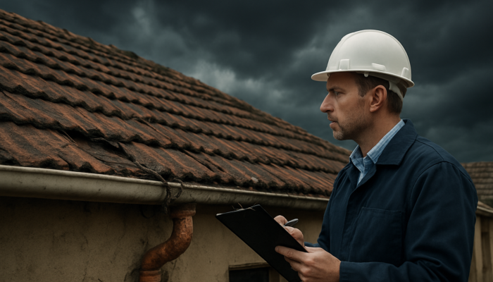 Professional inspector evaluates a damaged roof and exposed wiring in an old South African home in Springs beneath a stormy sky.
