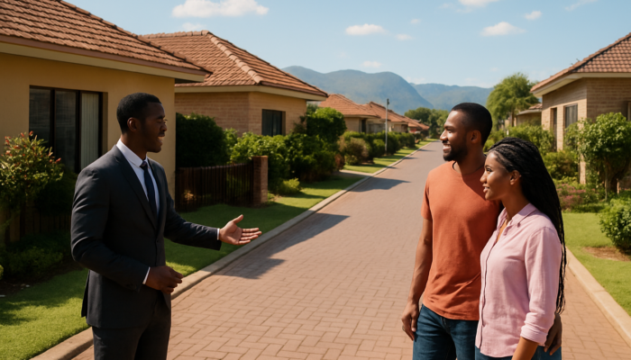 Couple exploring modern homes on a lively Thohoyandou street with a real estate agent under a sunny sky.