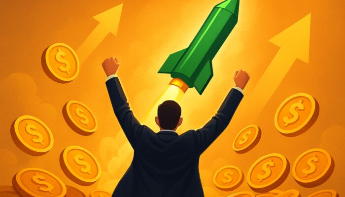 Triumphant trader observes a massive green candlestick soaring amid golden coins and upward arrows for the largest winning trade