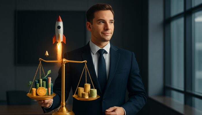 Confident trader balances a golden scale with a soaring rocket and diverse assets in a sleek office