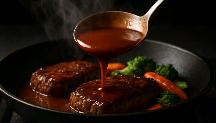 Chef's spoon lifts thick glossy pan sauce from a simmering skillet with steam and seared meat