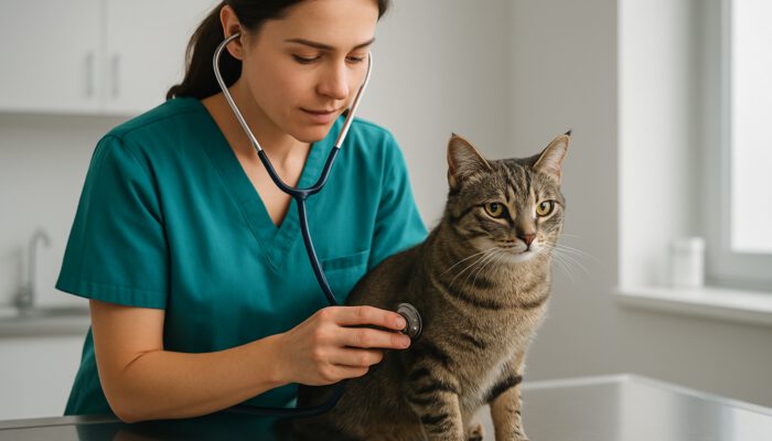 Veterinarian assessing a calm tabby cat with a stethoscope prior to surgery